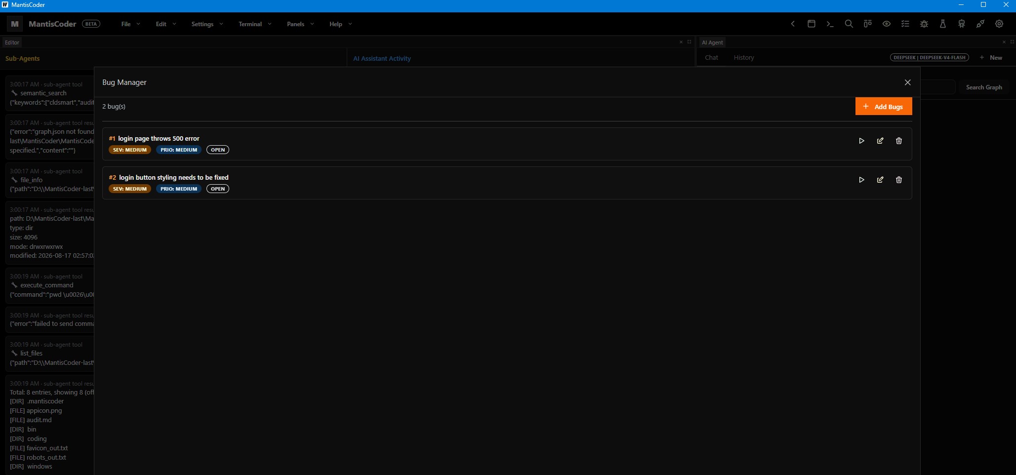 MantisCoder bug manager with tracked issues, priorities and status
