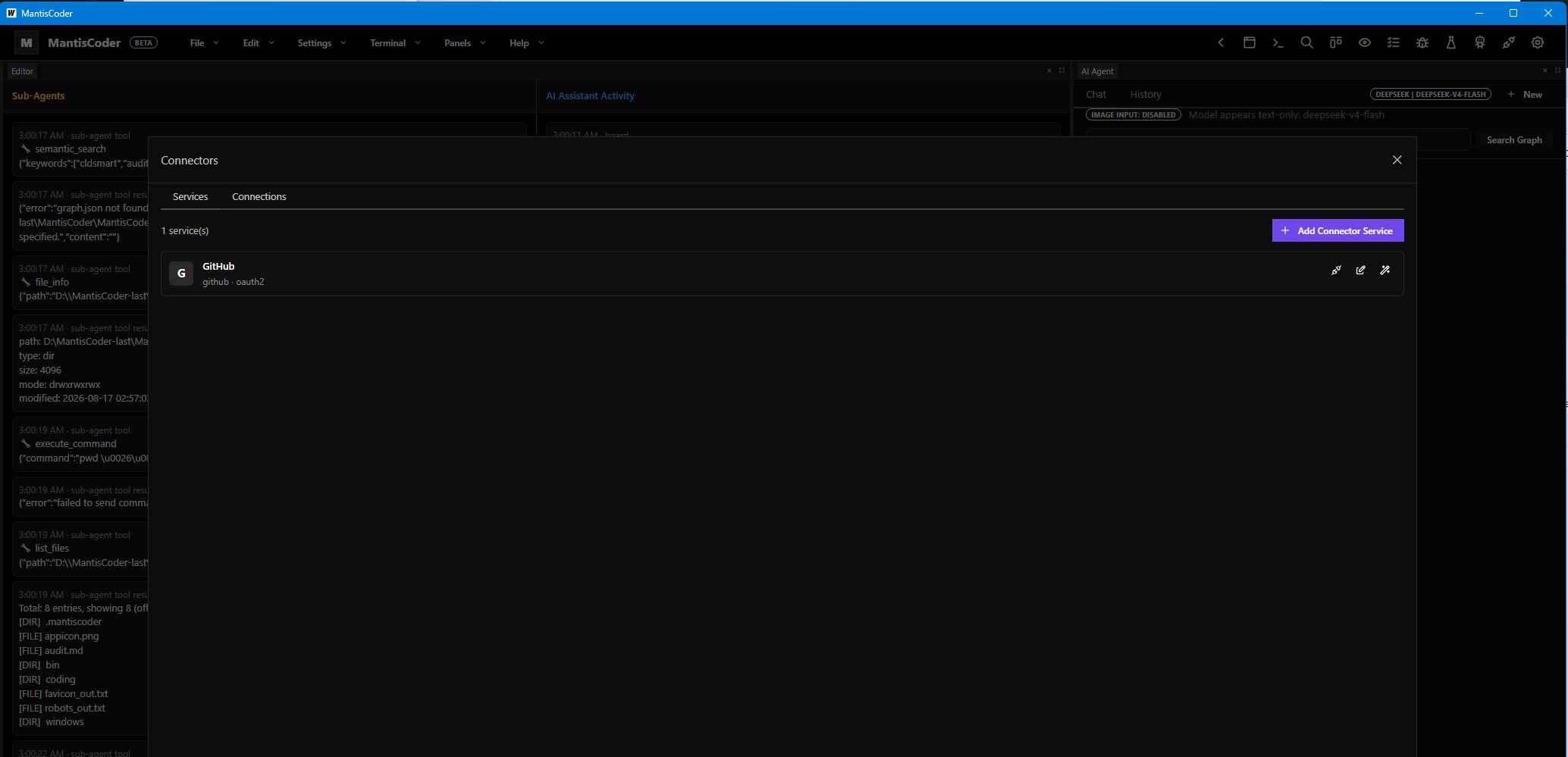 MantisCoder connector services and integration connections