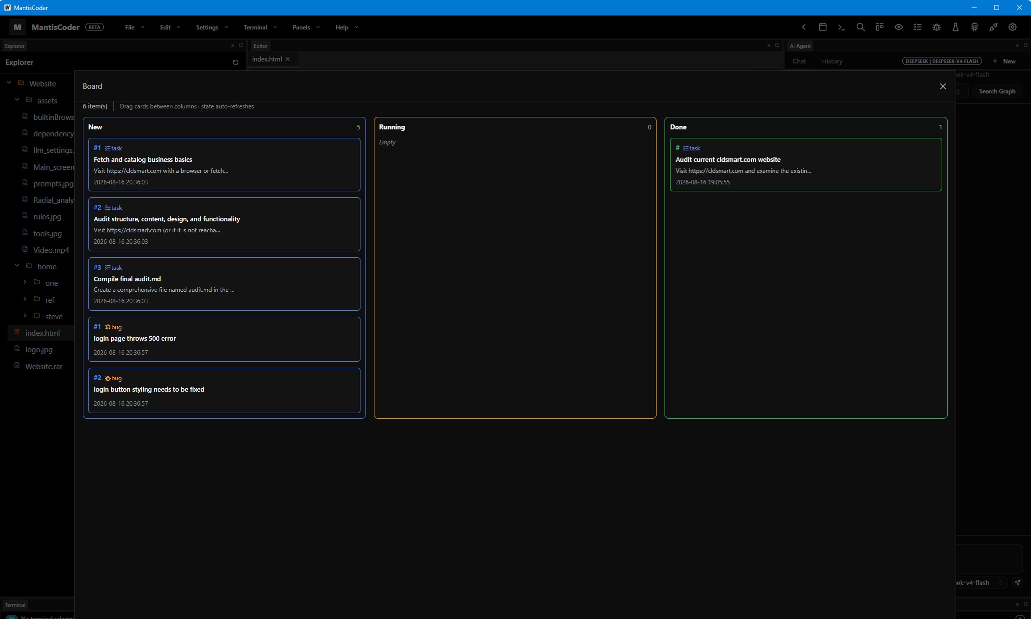 MantisCoder kanban board with task columns and workflow stages